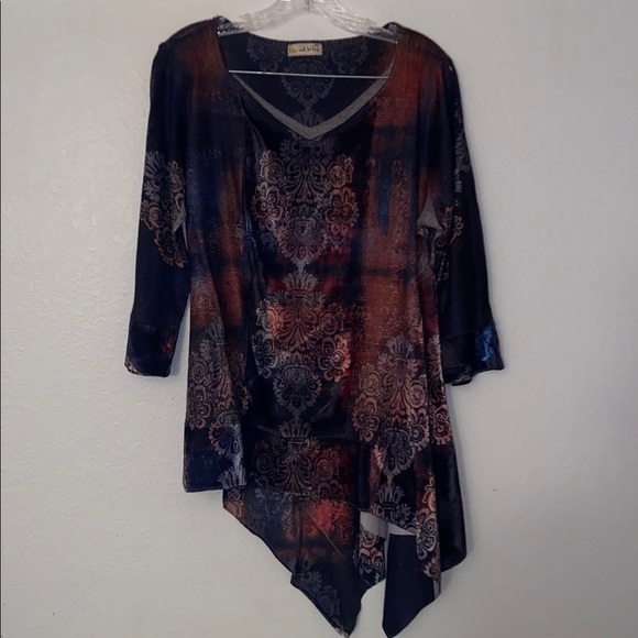 live and let live Tops - Live and let live top velvet boho asymmetrical blues orange 3/4 sleeve Sz XL
